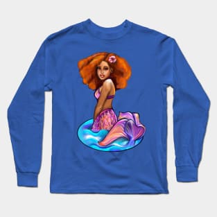 Amber the black mermaid princess rainbow coloured colored fins, afro hair brown skin African American mermaids Long Sleeve T-Shirt
